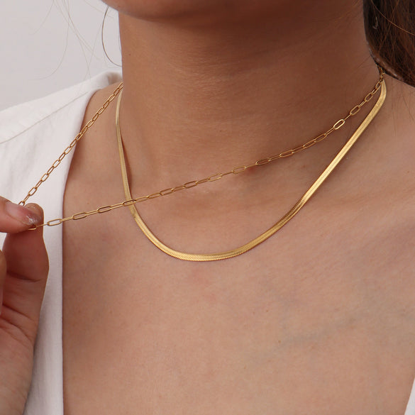 Wholesale 18K Goldplated Titanium Steel Double Layer Overlapping Geometric Snake Chain Clavicle Necklace For Women