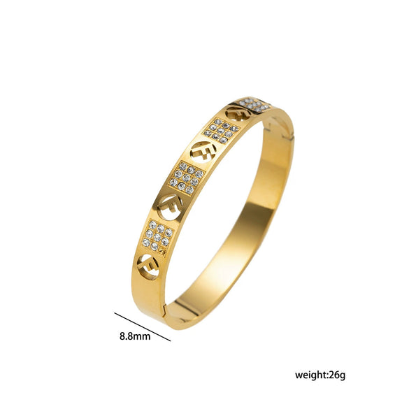 Wholesale 18K Real Gold Electroplated Zircon Letter Cut Out Buckle Titanium Steel Bracelet With Diamond Design For Women