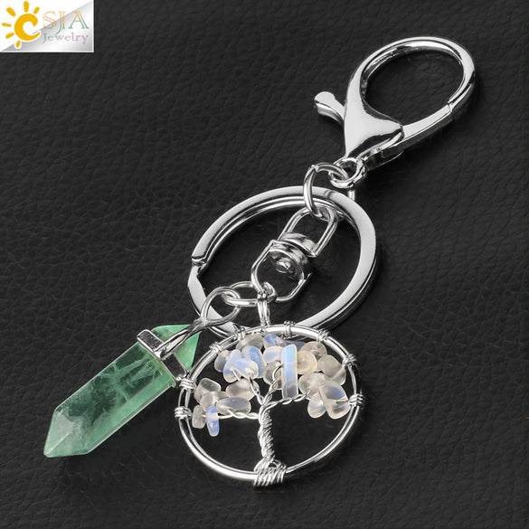 Wholesale Keychain Natural Crystal Green Fluorite Semiprecious Stone Tree Key Accessories