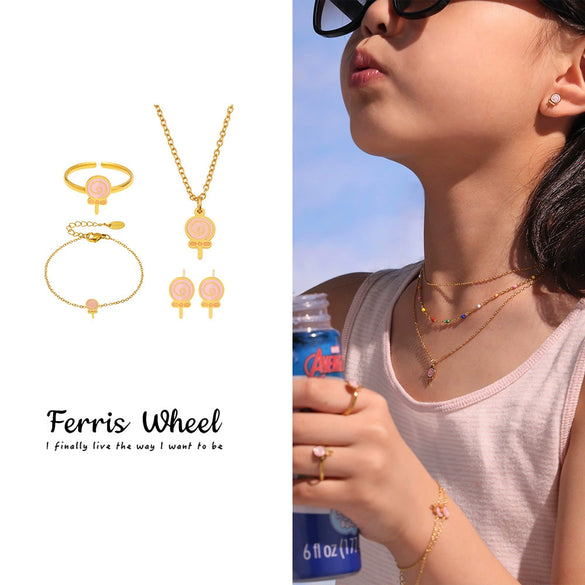 Wholesale Kids' Jewelry Ferris Wheel And Lollipop Design Stainless Steel Enamel Glaze And Titanium Steel Electroplated Necklace Bracelet Ring Earrings