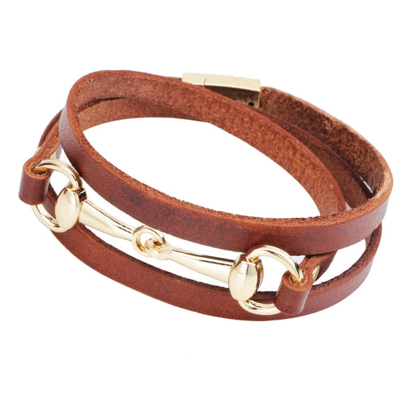 Wholesale Ladies Alloy And Genuine Leather Bracelet With Three Circle Winding And Leaves Pattern Electroplated Fashion Style