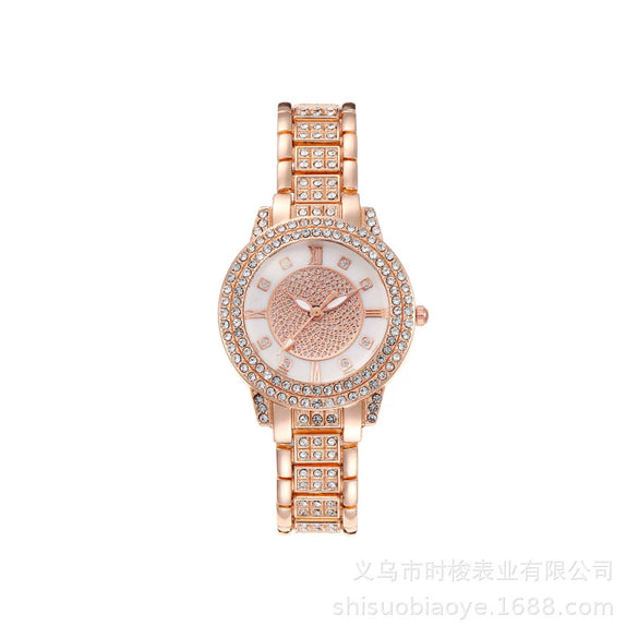 Wholesale Ladies Alloy Watch And Bracelet Set With Gypsophila Rhinestone And Round Dial Leisure Style