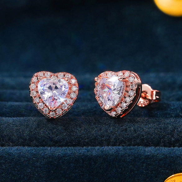 Wholesale Ladies Copper Heartshaped Zircon Roseplated Gold Earrings