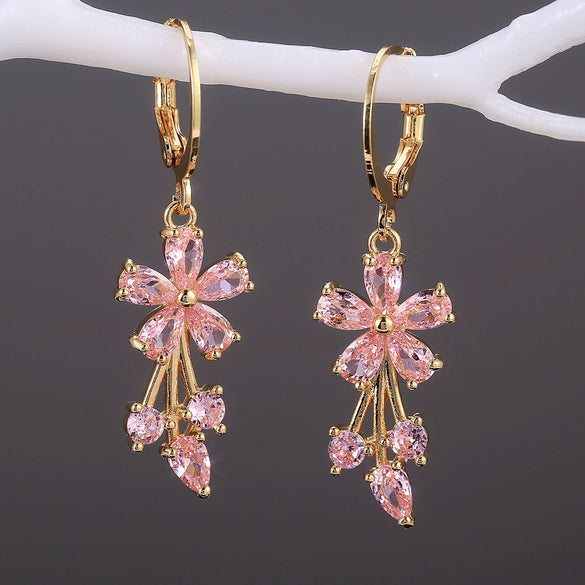 Wholesale Ladies Copper Inlaid Zircon Flower Earrings
