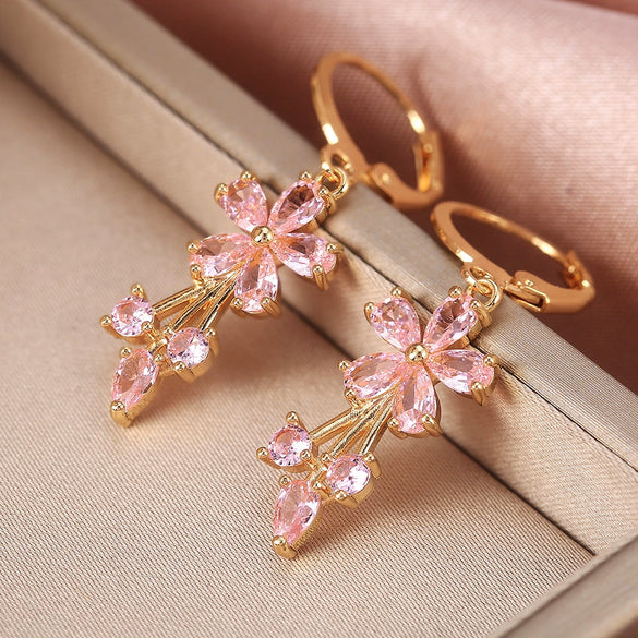 Wholesale Ladies Copper Inlaid Zircon Flower Earrings