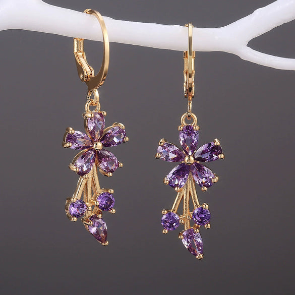 Wholesale Ladies Copper Inlaid Zircon Flower Earrings