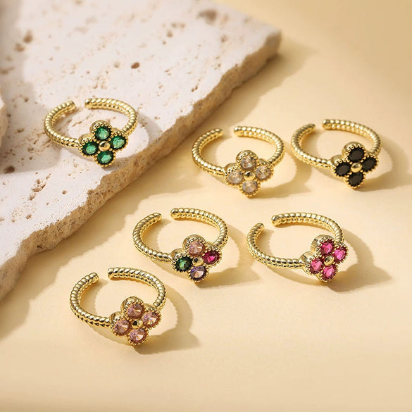Wholesale Ladies Copper Inlaid Zirconia Four Leaf Clover Opening Ring Light Luxury Flower Style