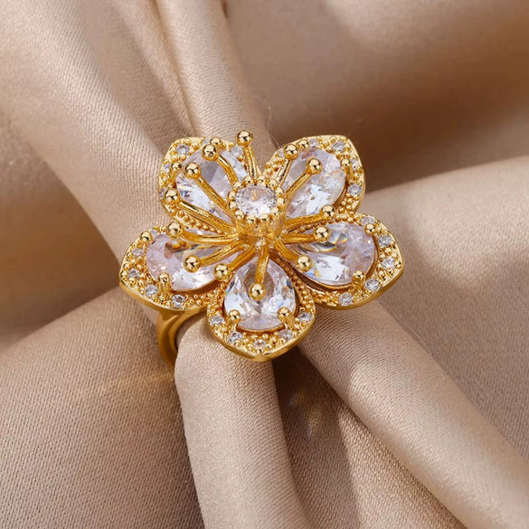Wholesale Ladies Copper Zircon Inlaid Flower Leaf Fashion Ring With Electroplating