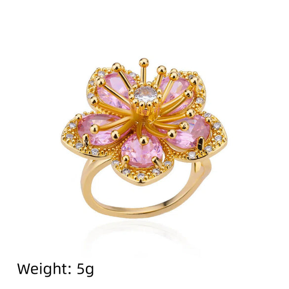 Wholesale Ladies Copper Zircon Inlaid Flower Leaf Fashion Ring With Electroplating