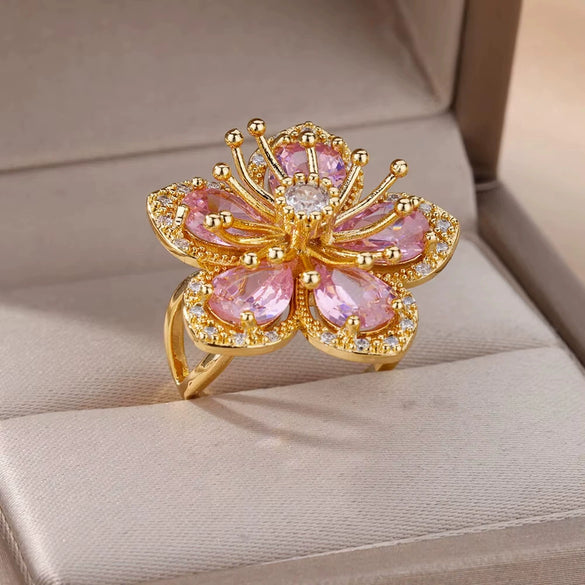 Wholesale Ladies Copper Zircon Inlaid Flower Leaf Fashion Ring With Electroplating