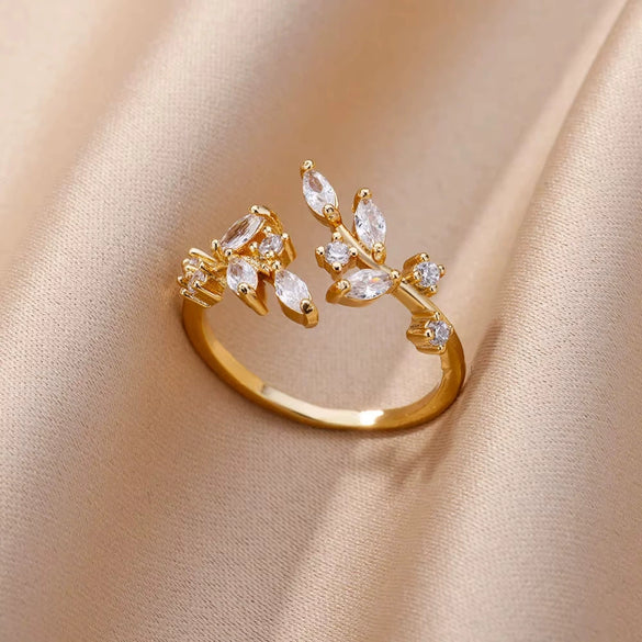 Wholesale Ladies Copper Zircon Inlaid Flower Leaf Fashion Ring With Electroplating