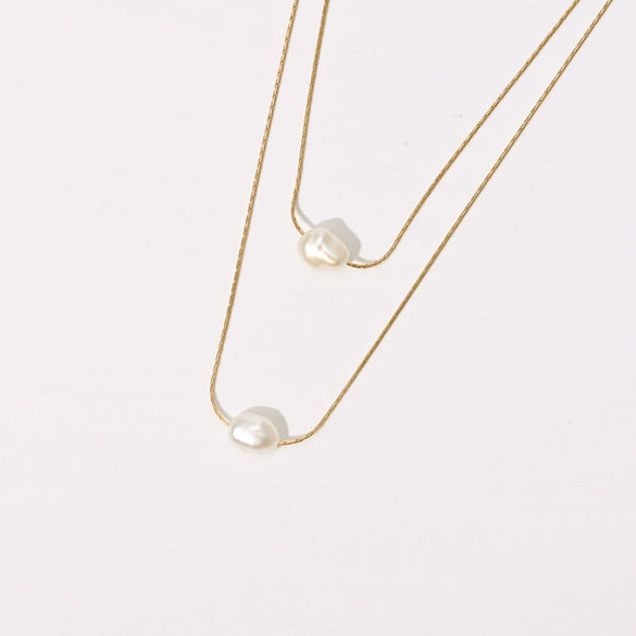 Wholesale Ladies Double Layer Freshwater Pearl Copper 14K Gold Plated Multilayer Conventional Chain Necklace With Geometric Pattern