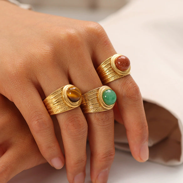 Wholesale Ladies Fashion Natural Stone Wide Open Ring In Stainless Steel With 18K Gold Electroplating And Geometric Design