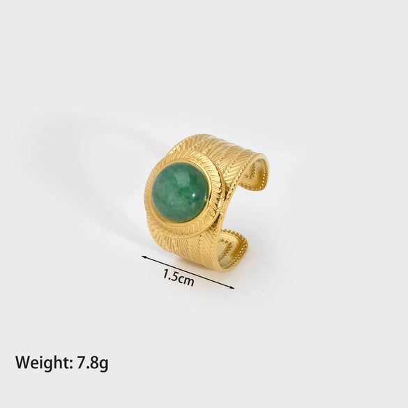 Wholesale Ladies Fashion Natural Stone Wide Open Ring In Stainless Steel With 18K Gold Electroplating And Geometric Design