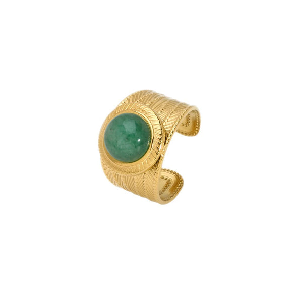 Wholesale Ladies Fashion Natural Stone Wide Open Ring In Stainless Steel With 18K Gold Electroplating And Geometric Design