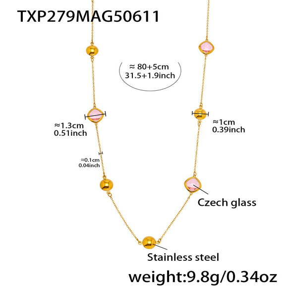 Wholesale Ladies Geometric Ferris Wheel Stainless Steel And Czech Glass Real Gold Plated Long Necklace