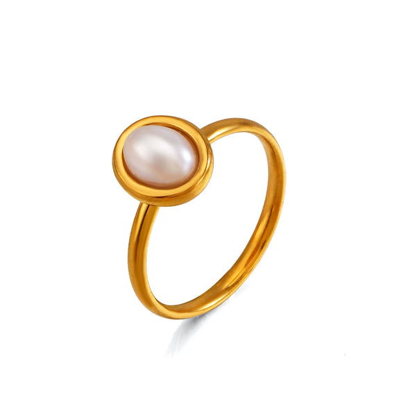 Wholesale Ladies Geometric Oval Stainless Steel Ring With Imitation Pearl Inlay And Electroplating