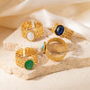 Wholesale Ladies Geometric Retro Hollow Titanium Steel Wide Face Ring Inlaid With Color Natural Stone Electroplated Highend Style