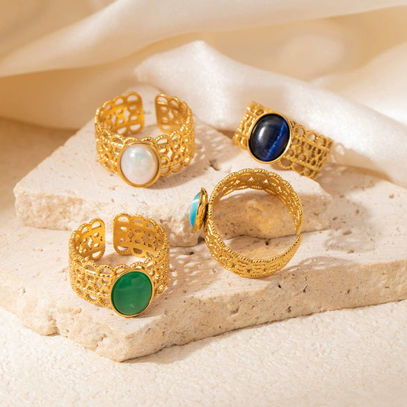 Wholesale Ladies Geometric Retro Hollow Titanium Steel Wide Face Ring Inlaid With Color Natural Stone Electroplated Highend Style