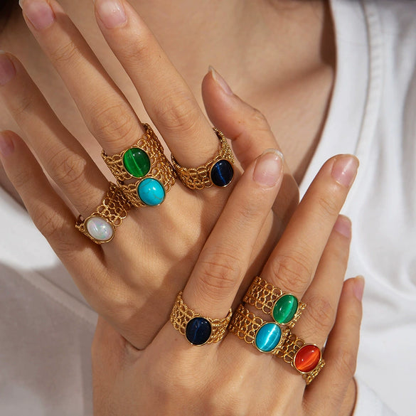 Wholesale Ladies Geometric Retro Hollow Titanium Steel Wide Face Ring Inlaid With Color Natural Stone Electroplated Highend Style
