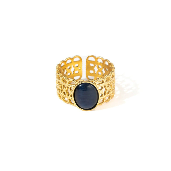 Wholesale Ladies Geometric Retro Hollow Titanium Steel Wide Face Ring Inlaid With Color Natural Stone Electroplated Highend Style