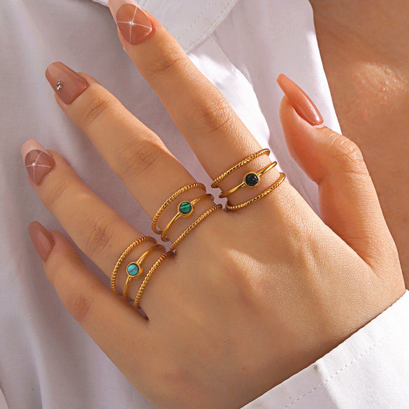 Wholesale Ladies Geometric Stainless Steel Ring With Obsidian Turquoise Malachite Tiger's Eye Stone Electroplated