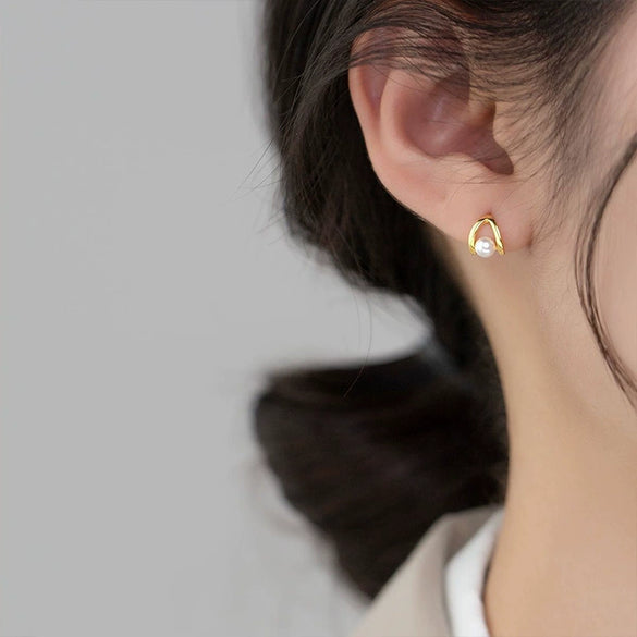 Wholesale Ladies Geometric Style Pearl Earrings Copper Plated 14K Real Gold