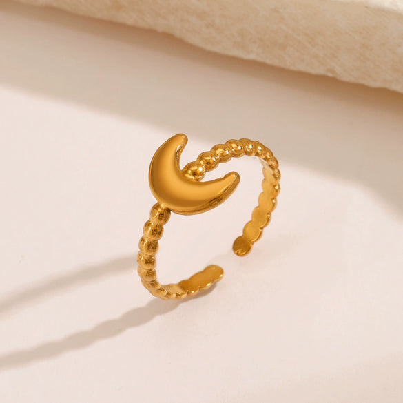 Wholesale Ladies' Opening Adjustable Stainless Steel Moon Ring With Geometric Design 18K Gold Plated