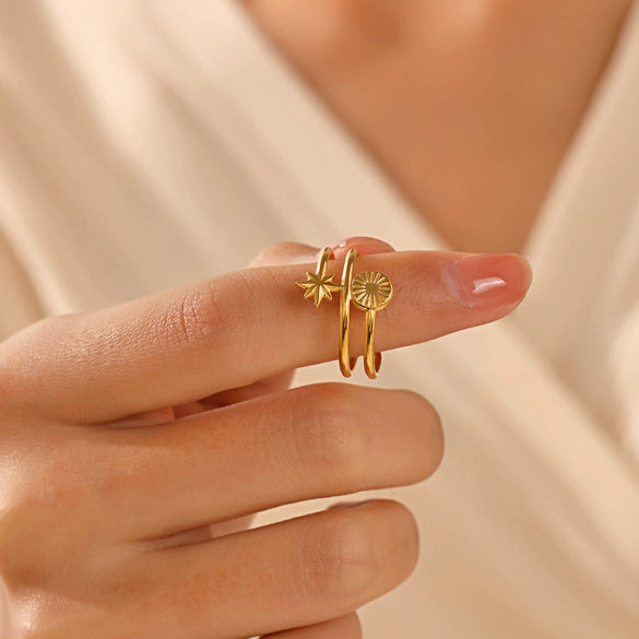 Wholesale Ladies Personality Stainless Steel Geometric Round Opening Star Ring