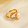 Wholesale Ladies Retro Hip Hop Style Stainless Steel And Pearl Open Adjusting Geometric Ring With Electroplating