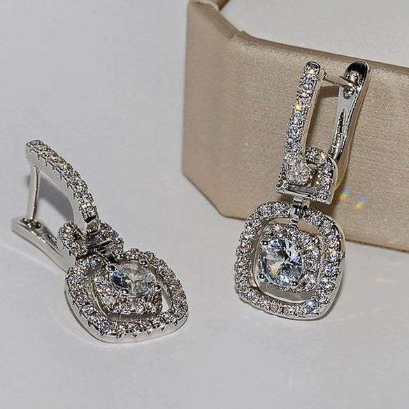 Wholesale Ladies Shining Zircon Geometric Copper Platinum Plated Earrings
