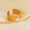 Wholesale Ladies Stainless Steel And Pearl Geometric Wide Face Hammer Ring With Electroplating And Retro Style