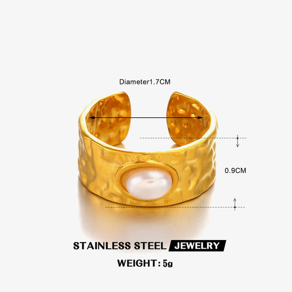 Wholesale Ladies Stainless Steel And Pearl Geometric Wide Face Hammer Ring With Electroplating And Retro Style