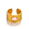 Wholesale Ladies Stainless Steel And Pearl Geometric Wide Face Hammer Ring With Electroplating And Retro Style