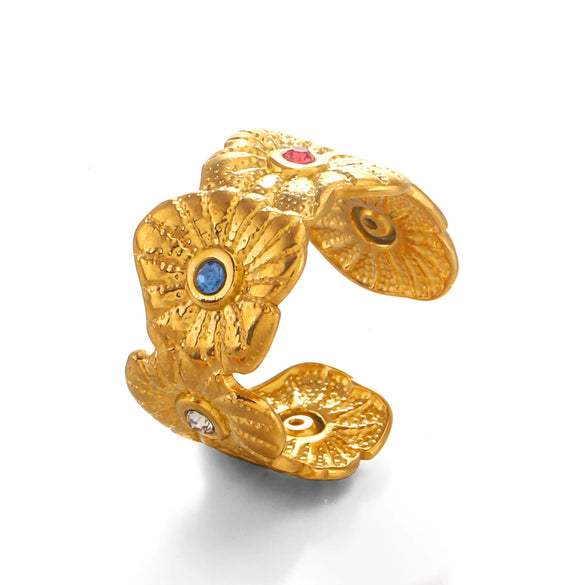 Wholesale Ladies Stainless Steel And Rhinestones Geometric Flower Ring With Electroplating