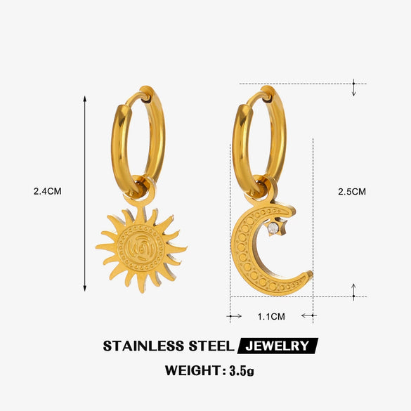 Wholesale Ladies Stainless Steel And Rhinestones Geometric Simple Asymmetric Moon Sun Electroplated Earrings