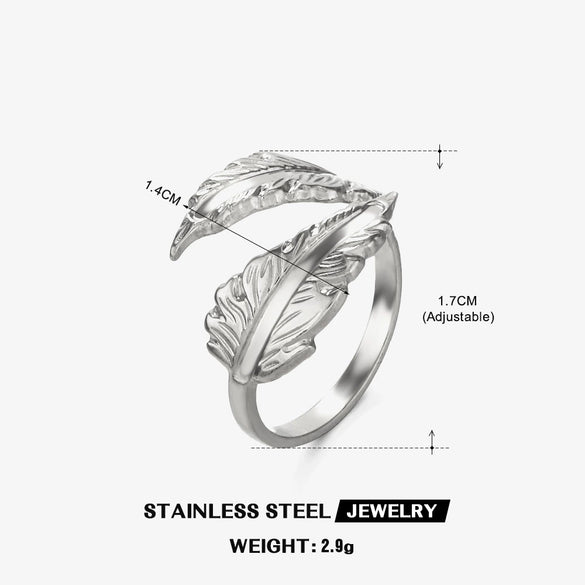 Wholesale Ladies Stainless Steel Feather Opening Adjustable Gold Plated Ring
