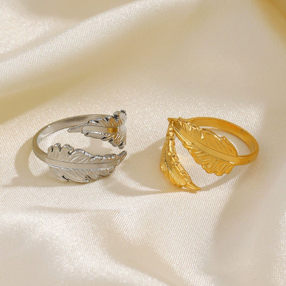 Wholesale Ladies Stainless Steel Feather Opening Adjustable Gold Plated Ring