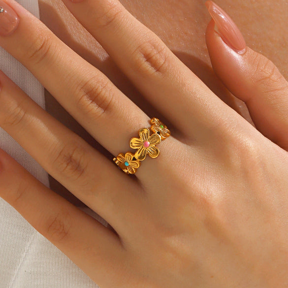 Wholesale Ladies Stainless Steel Flower Oil Dripping Electroplated Ring