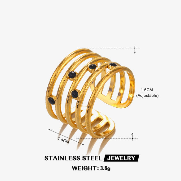 Wholesale Ladies Stainless Steel Geometric Black Drip Adjustable Ring With Electroplating Design