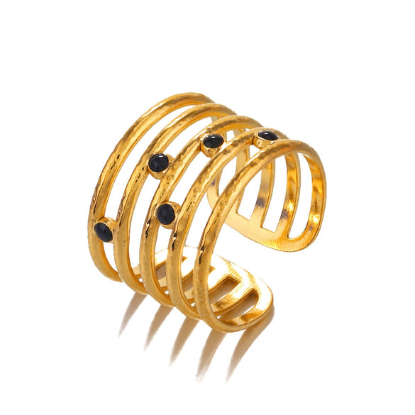 Wholesale Ladies Stainless Steel Geometric Black Drip Adjustable Ring With Electroplating Design