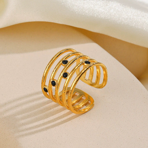Wholesale Ladies Stainless Steel Geometric Black Drip Adjustable Ring With Electroplating Design