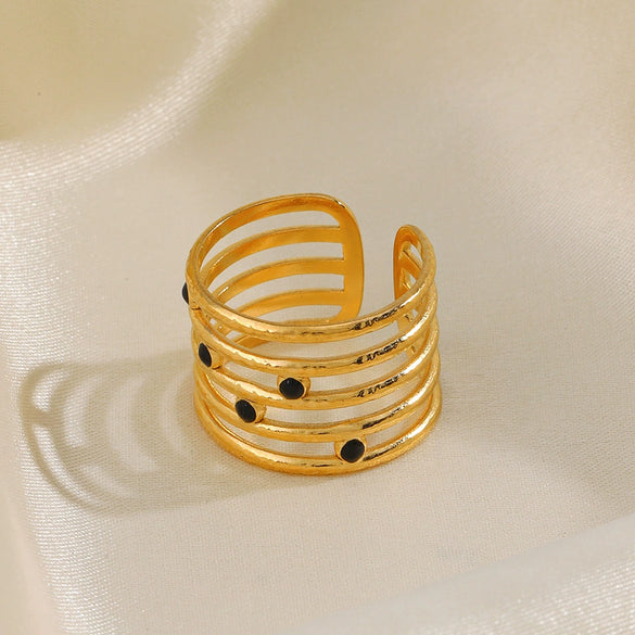 Wholesale Ladies Stainless Steel Geometric Black Drip Adjustable Ring With Electroplating Design
