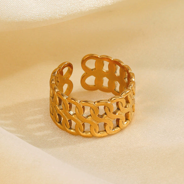 Wholesale Ladies Stainless Steel Geometric Doublelayer Chain Opening Adjustable Ring With Electroplating