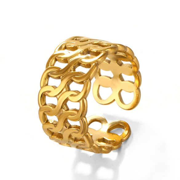 Wholesale Ladies Stainless Steel Geometric Doublelayer Chain Opening Adjustable Ring With Electroplating