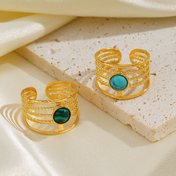 Wholesale Ladies Stainless Steel Geometric Inlaid Natural Stone Open Adjustable Ring With Electroplating