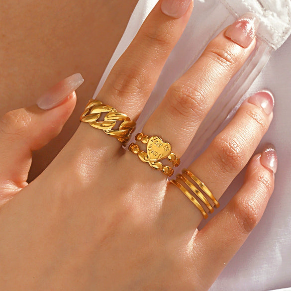Wholesale Ladies Stainless Steel Geometric Opening Adjustable Ring With Real Gold Plating
