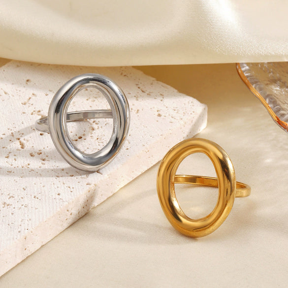 Wholesale Ladies Stainless Steel Geometric Oval 18K Goldplated Cut Out Ring