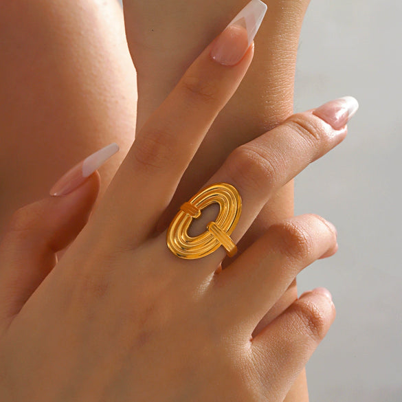 Wholesale Ladies Stainless Steel Geometric Oval Ring 18K Gold Plated