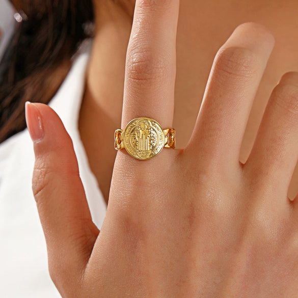 Wholesale Ladies Stainless Steel Geometric Retro Popular Open Ring With Real Gold Plating
